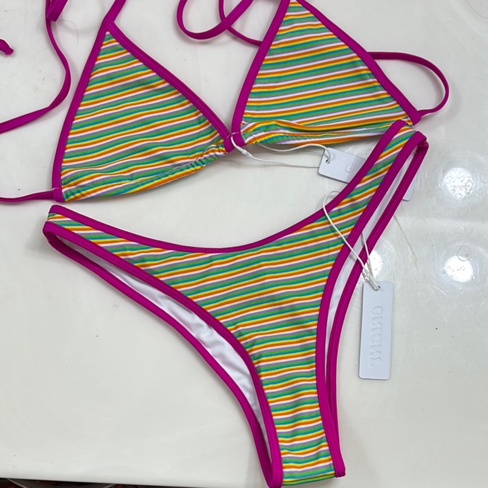 Colorful Striped Bikini with Purple Trim